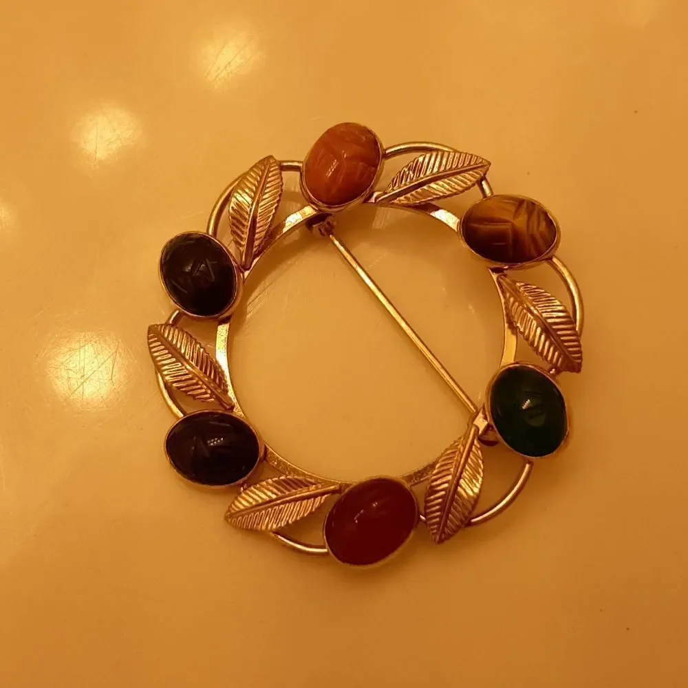 Vintage Von Dell  12 karat  gold fillled brooch with 6 scarab stones